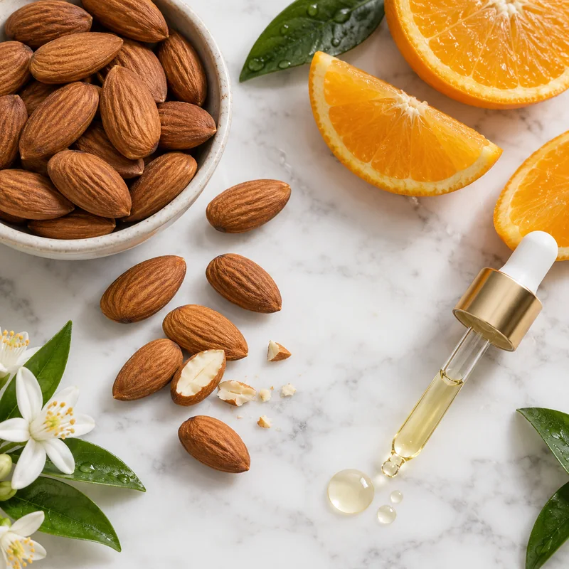 Almendras, gajos de naranja y un gotero con aceite sobre mármol blanco