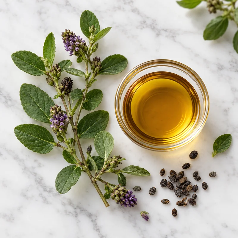 Ramas de la planta babchi y un recipiente de vidrio con aceite ámbar sobre mármol blanco