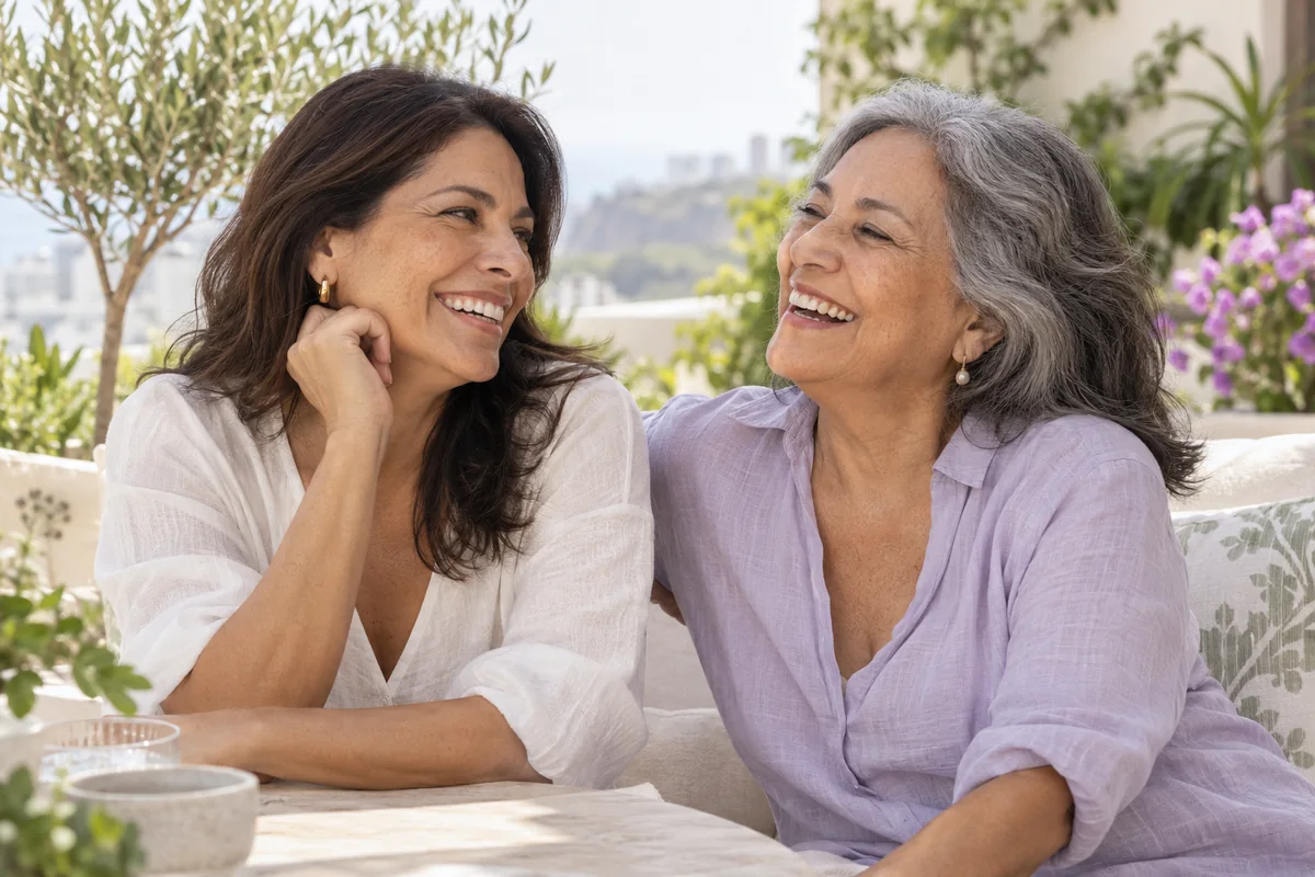 Dos mujeres adultas conversando y sonriendo en una terraza con luz natural