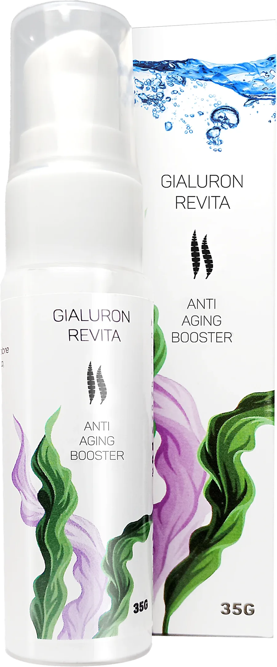 Frasco con dosificador y estuche de Gialuron Revita, booster antiedad de 35 gramos
