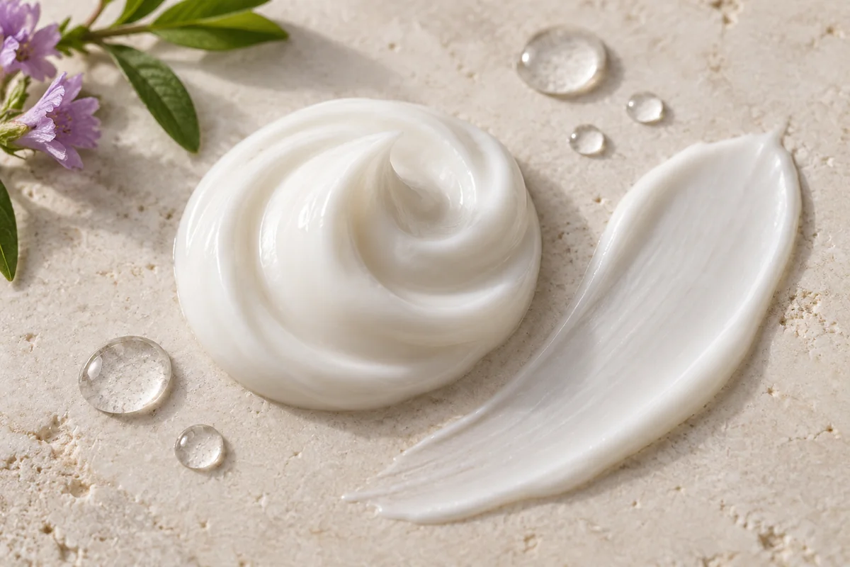 Macro de la textura del booster cosmético: espiral de crema blanca sobre superficie clara