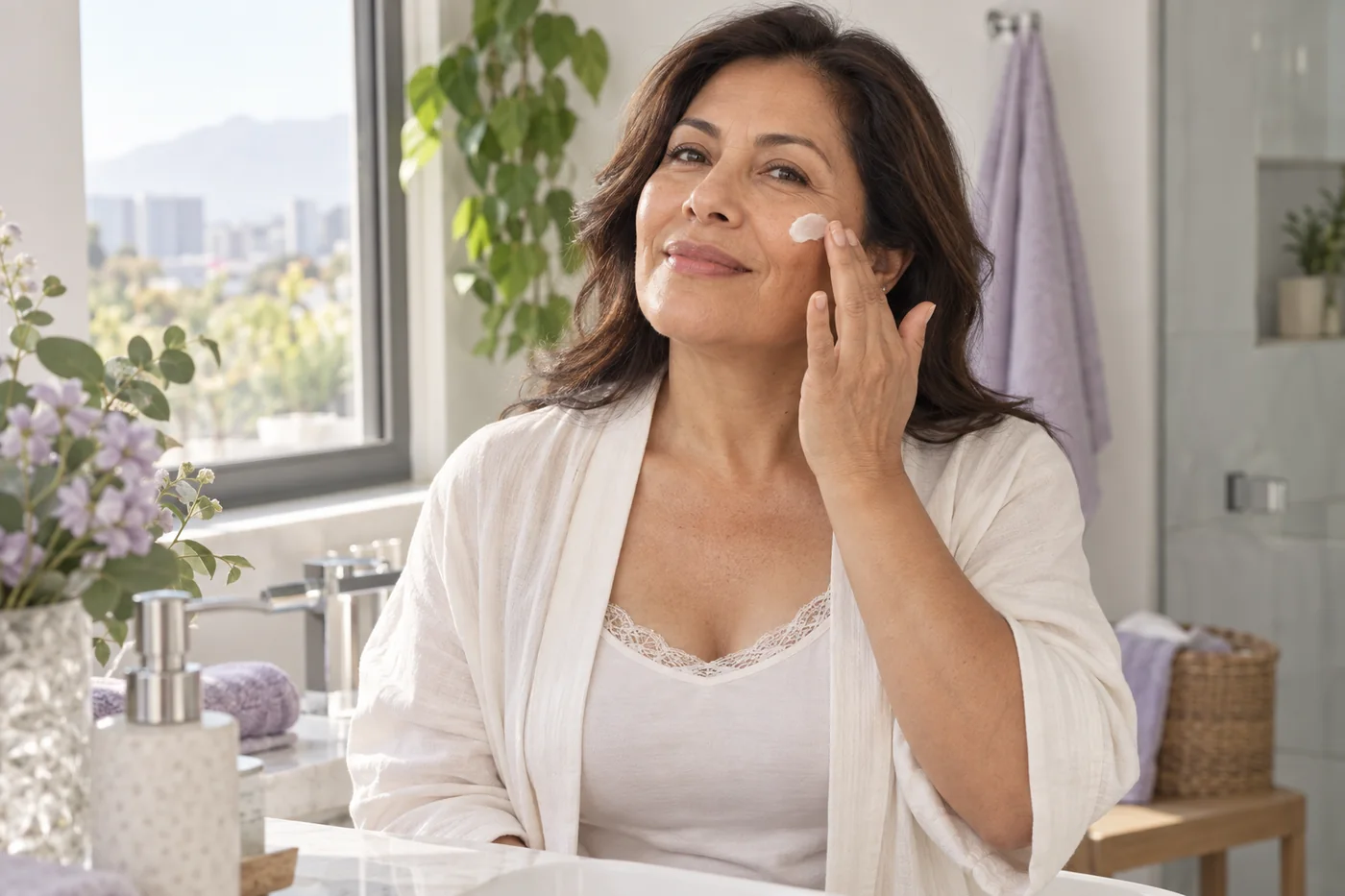 Mujer aplicando una crema cosmética sobre la mejilla con la yema de los dedos